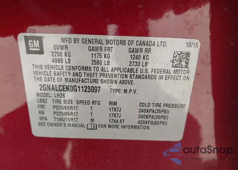 2016 Chevrolet Equinox Lt from USA, damaged, VIN 2GNALCEK0G1123097